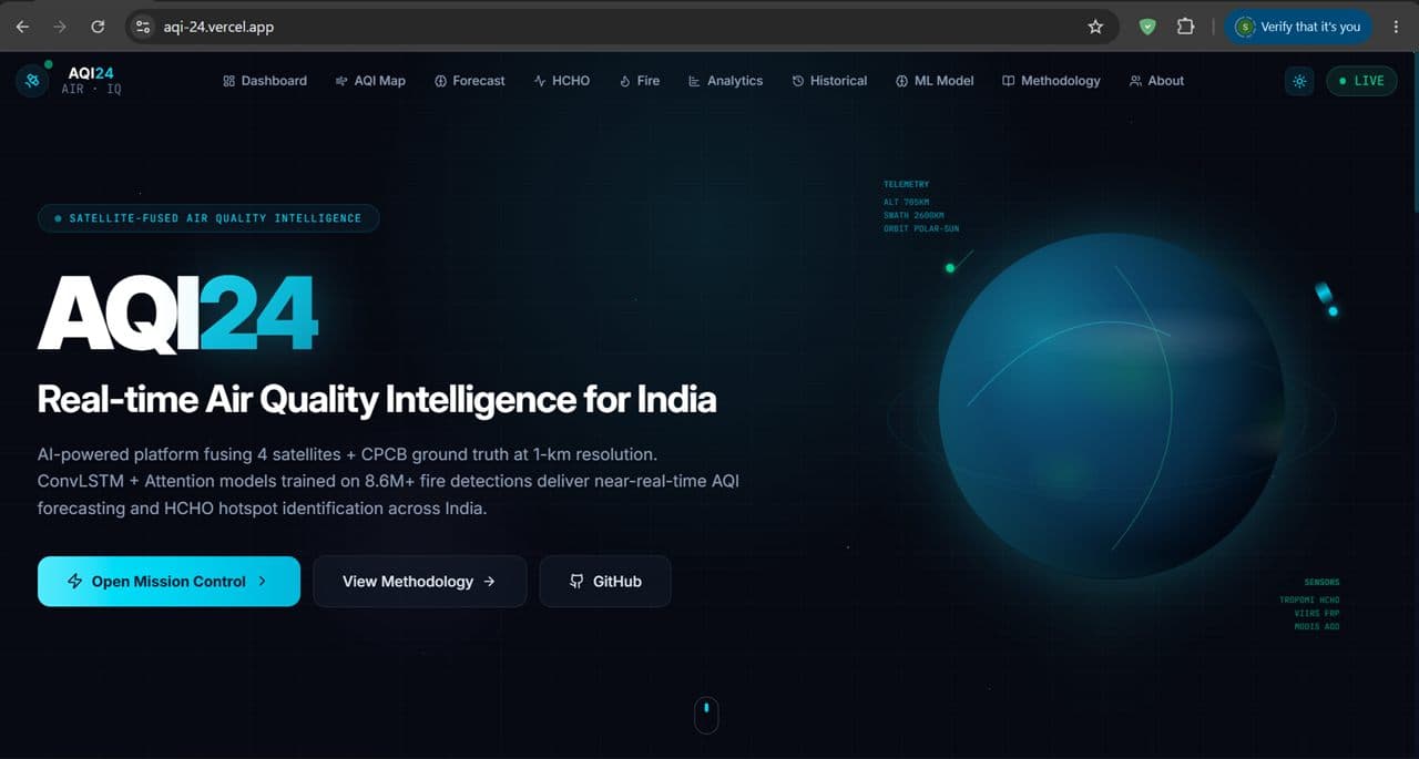 AQI24 — real-time air quality intelligence dashboard for India with AQI map, forecast and satellite telemetry