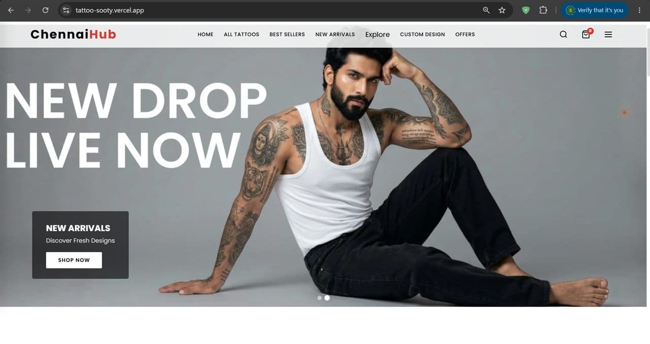 Tattoo Studio website — premium responsive tattoo storefront with best sellers, new arrivals and custom design offers